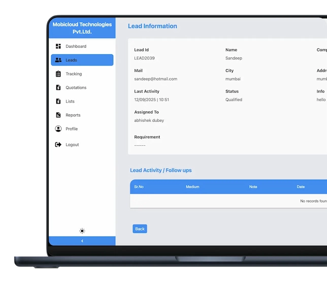 CRM Web Dashboard View