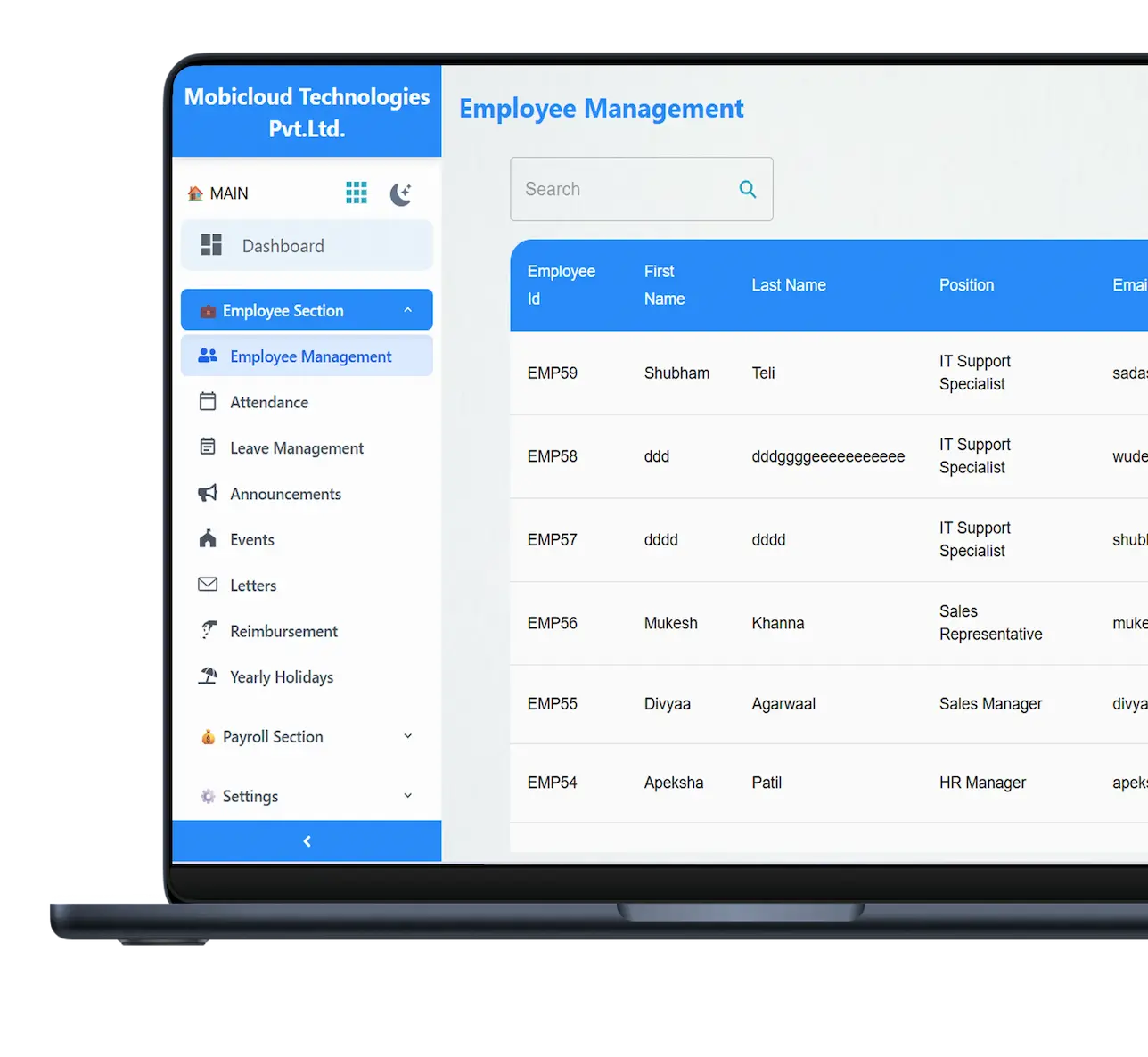 HRMS Web Dashboard View